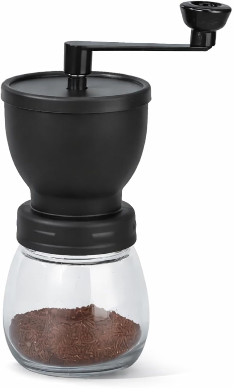 OVA Manual Coffee Grinder with Stainless Steel Burr â€“ Hand Crank Coffee Mill with Adjustable Grind Settings, Glass Bean Container.